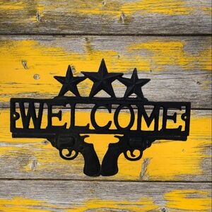 Western Gunslinger Welcome Sign Black Cast Iron Rustic Cowboy Cowgirl Stars Art
